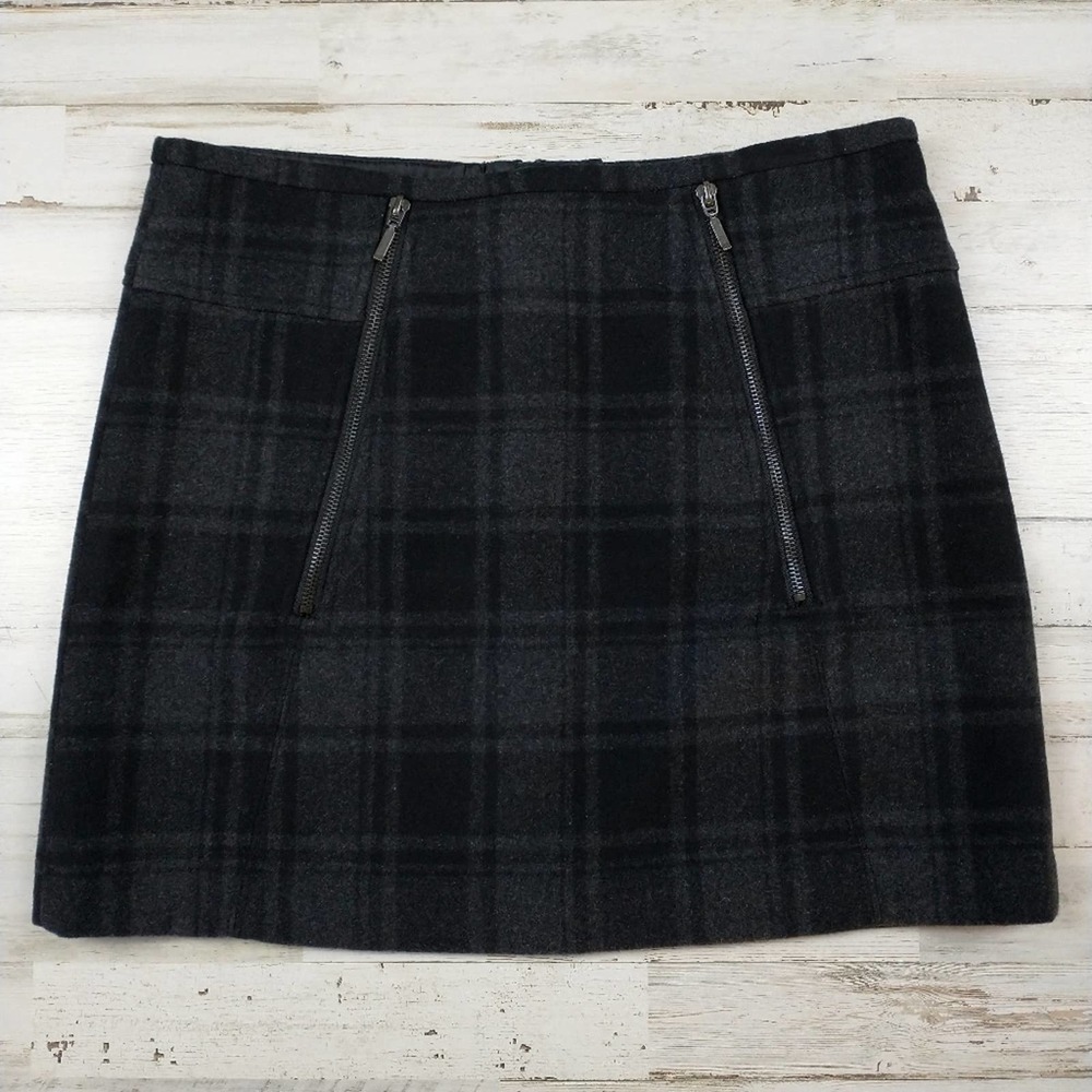 Black & gray plaid print wool blend short skirt w/ zippers by Kenar sz 4 small
